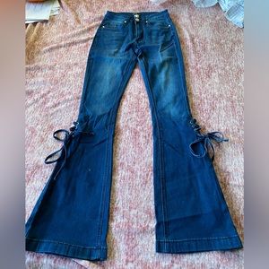 NWT sexy VENUS jeans dark whisker wash bell bottoms,side pleat corset ties, 0/2